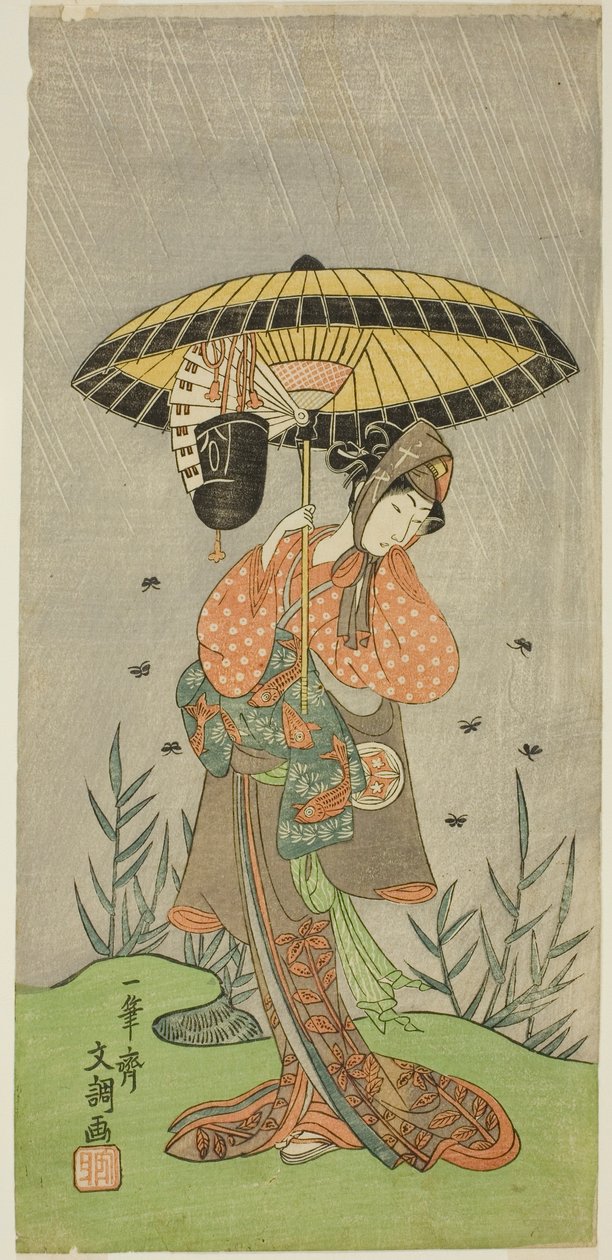 Herec Yamashita Kinsaku II jako Nijo no Kisaki (?) ve hře Natsu Matsuri Naniwa Kagami (?), hrál v divadle Morita (?) v sedmém měsíci, 1770 (?) od Ippitsusai Bunchō