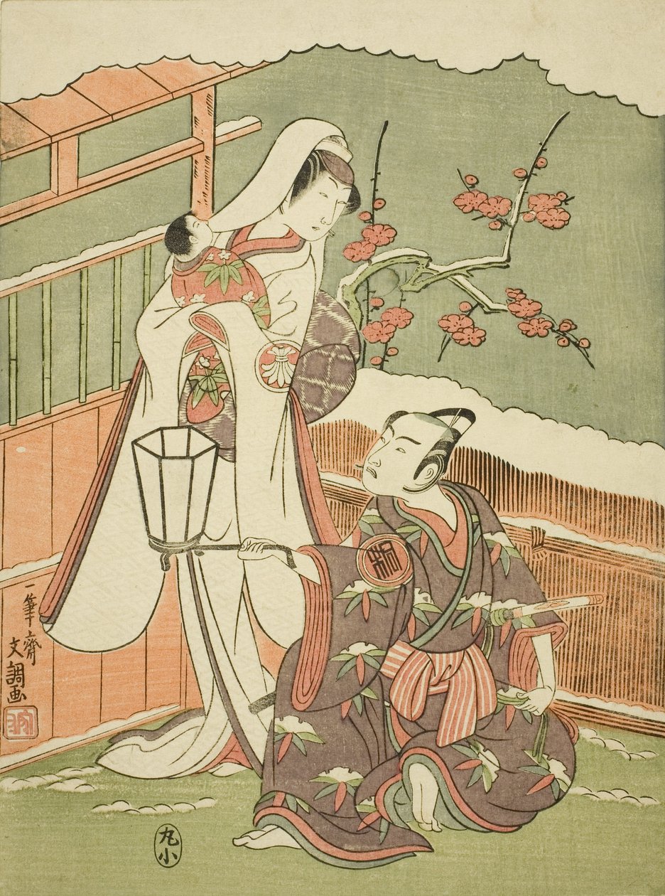 Herci Arashi Sangoro II jako Minamoto no Yoritomo převlečený za výrobce klobouků od Ippitsusai Bunchō