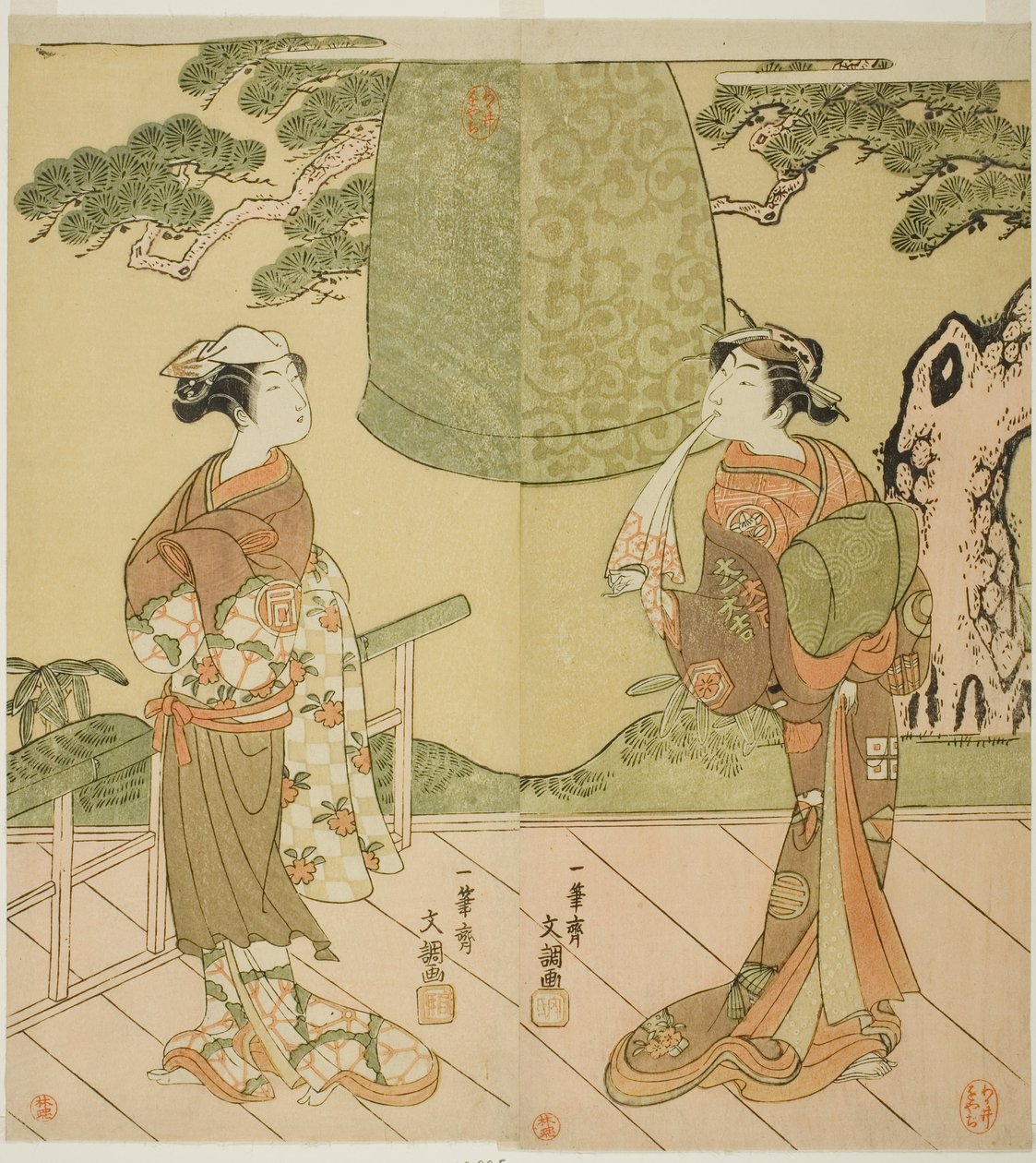 Herci Ichimura Uzaemon IX jako Shume no Hangan Morihisa (vpravo) a Sanogawa Ichimatsu II jako Chujo (vlevo) ve hře Play Edo no Hana Wakayagi Soga, představení v divadle Ichimura ve druhém měsíci, 1769 od Ippitsusai Bunchō