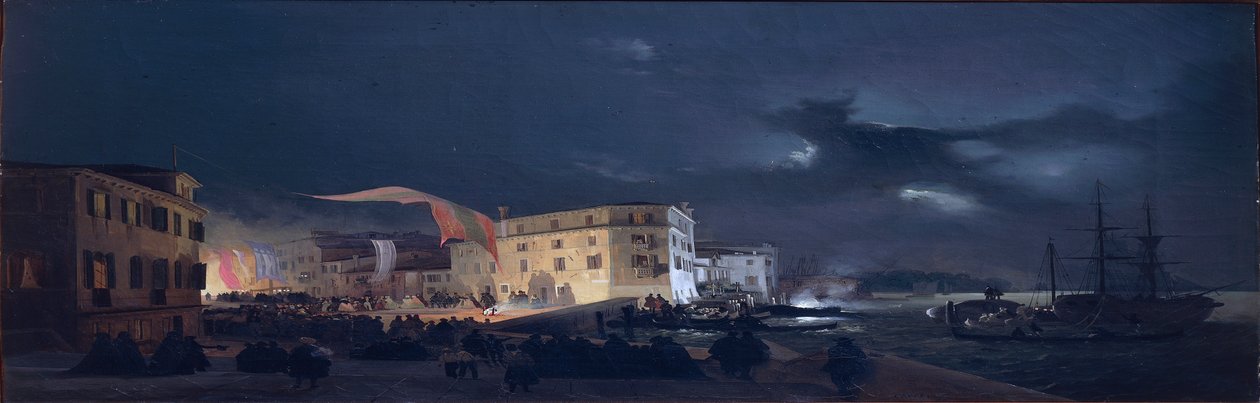 Itálie, Night Festival v San Pietro di Castello, ostrov v Benátské laguně od Ippolita Caffiho, olej na plátně, od Ippolito Caffi