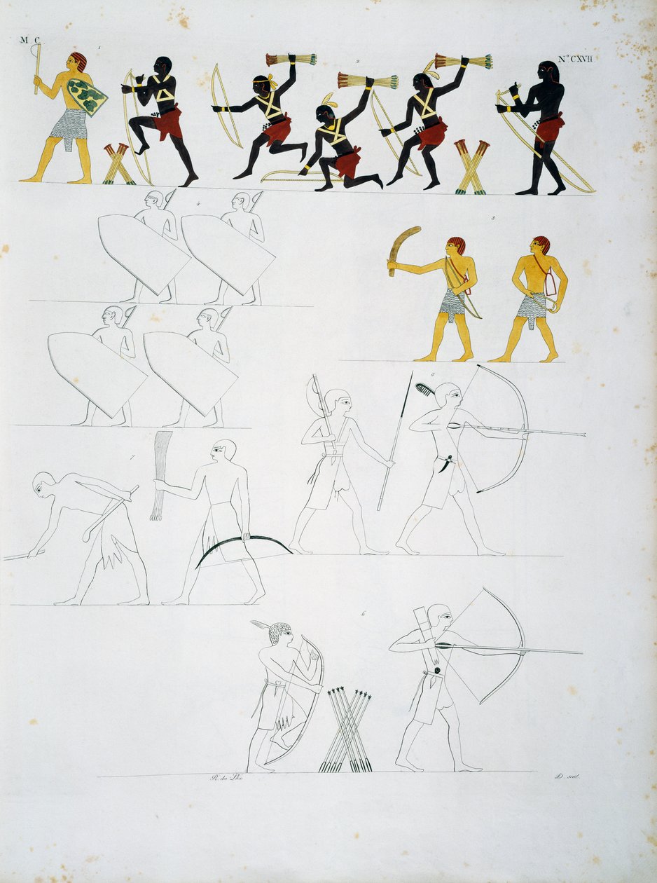 Vojenské scény, vojáci s luky a šípy, z hrobek Beni Hasana, Deska CXVIII, z pomníků Egypta a Núbie: civilní pomníky od Ippolito Rosellini