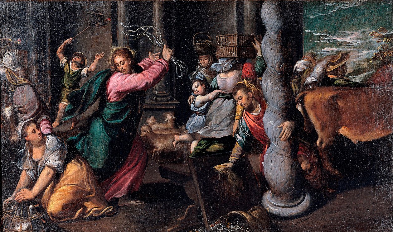 Le Christ chassant les marchands du temple - Kristus vyhání půjčovatele peněz z chrámu - Obraz Ippolita Scarsellina (Scarsella) (1551-1620), Olej na plátně 1580-1585 (68x116 cm) - Musei Capitolini, Řím od Ippolito Scarcella