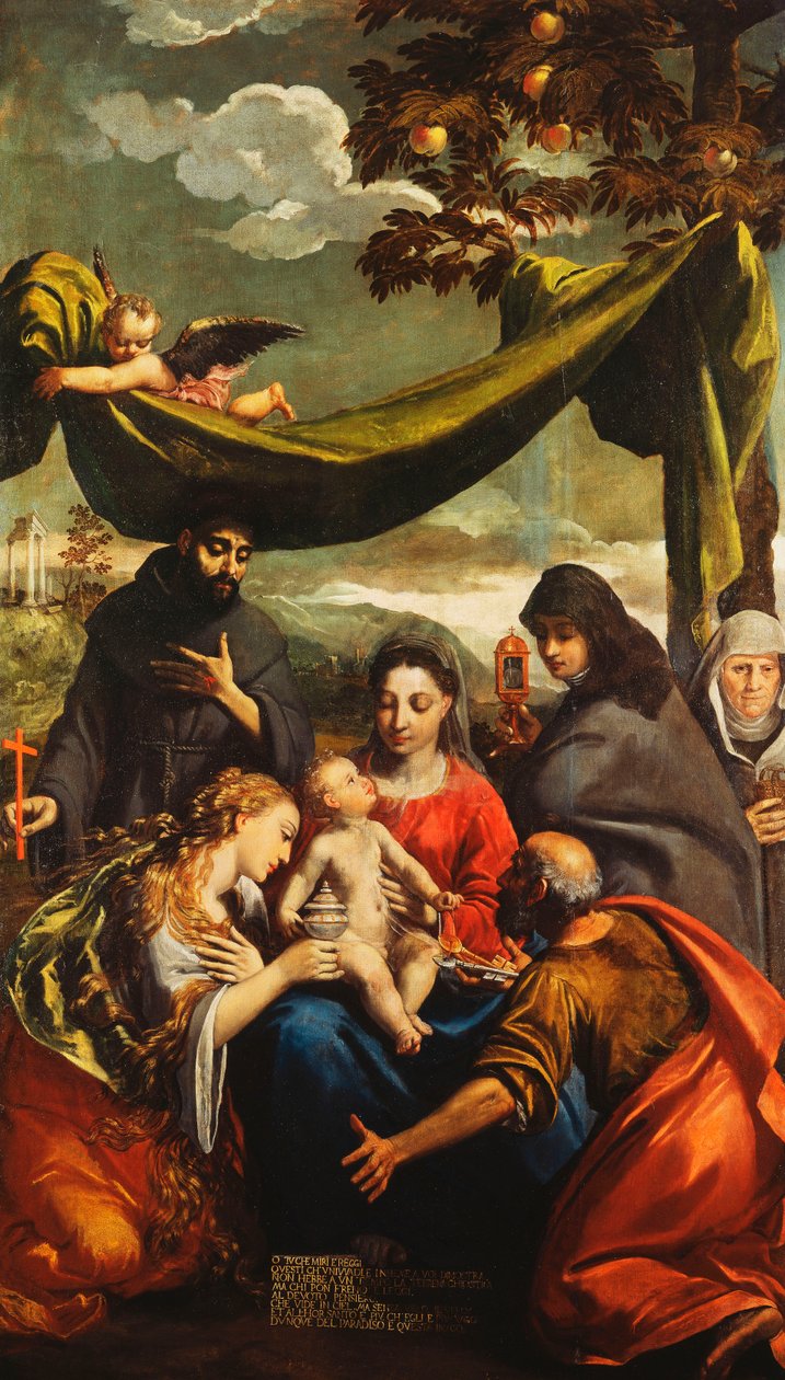 Madona s dítětem se svatými Máří Magdalenou, Petrem, Klárou a Františkem a portrét abatyše od Ippolito Scarsella