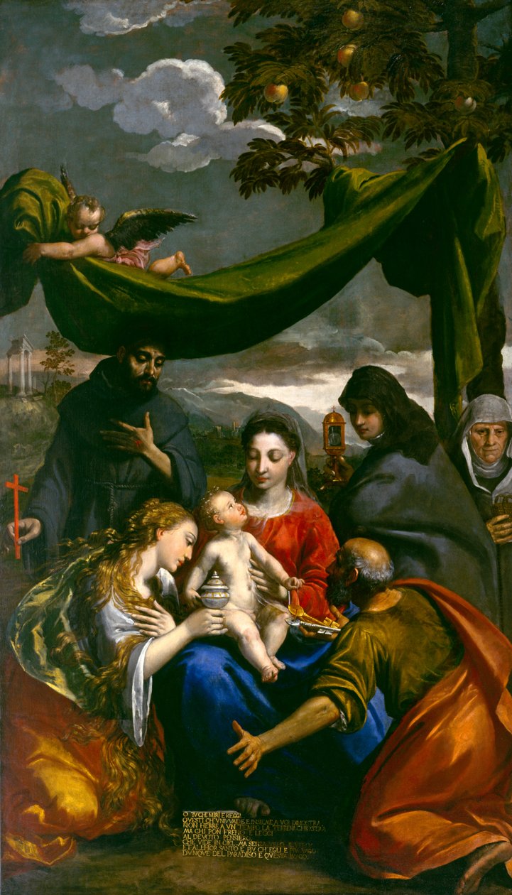 Panna s dítětem se svatými Marií Magdalenou, Petrem, Klárou, Františkem a abatyší, kolem roku 1600 od Ippolito Scarsella