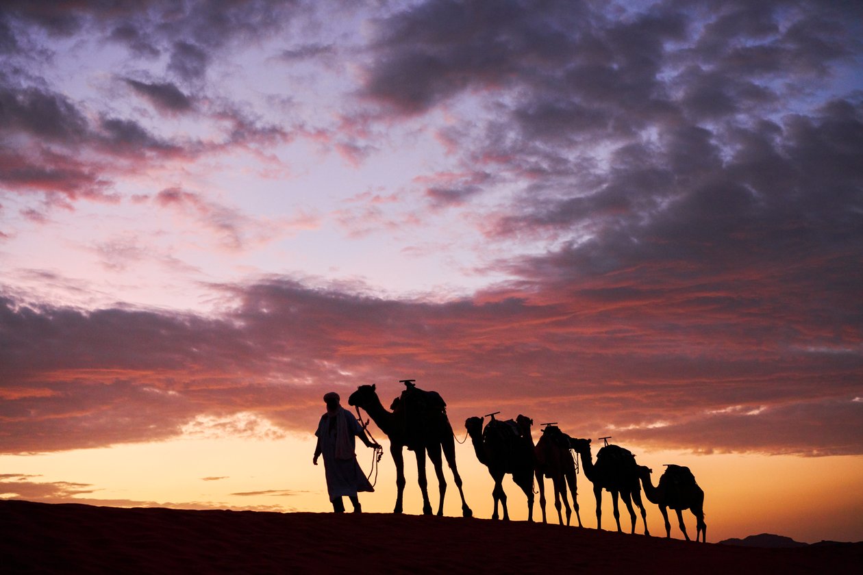 Kamelot vede své velbloudy v poušti Erg Chebbi v Merzouze, Maroko, 2019 (foto) od Ira Block