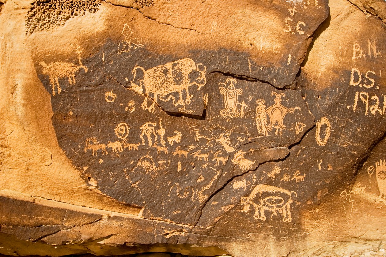 Petroglyf na balvanu se zubrem a další březí zubřicí ve Willow Bend na..., 2005 (foto) od Ira Block
