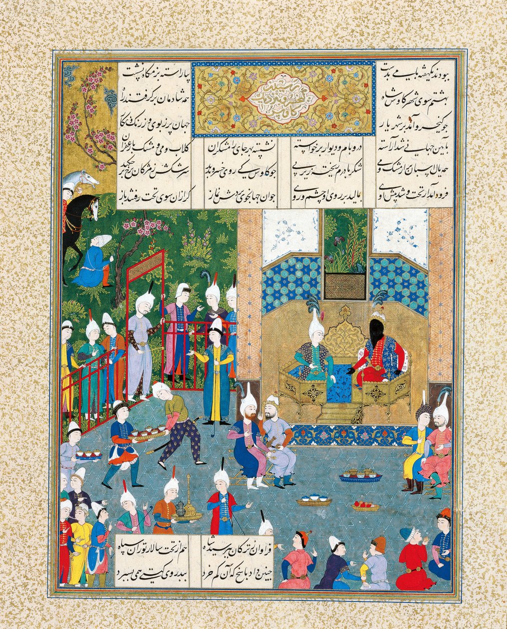 Kay Khusraw přivítal jeho dědeček Kay Kaus, král Íránu, iluminace rukopisu z ep. od Iranian Master