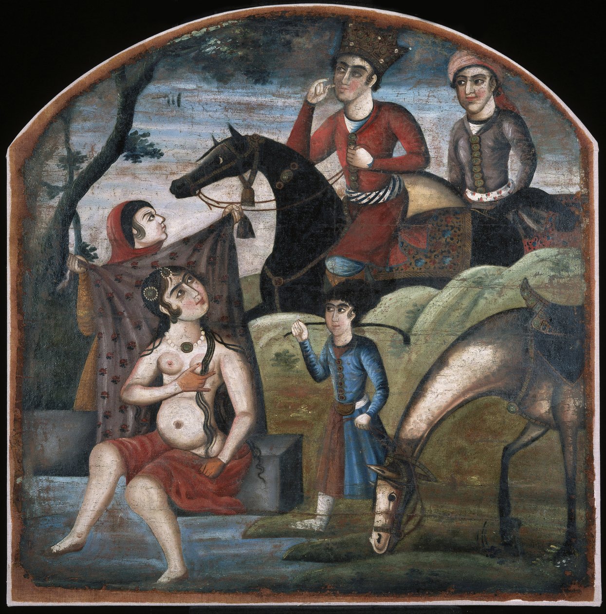Khusraw objevuje koupání Shirin. Z Obrazového cyklu osmi poetických předmětů, polovina 18. stol. od Iranian Master