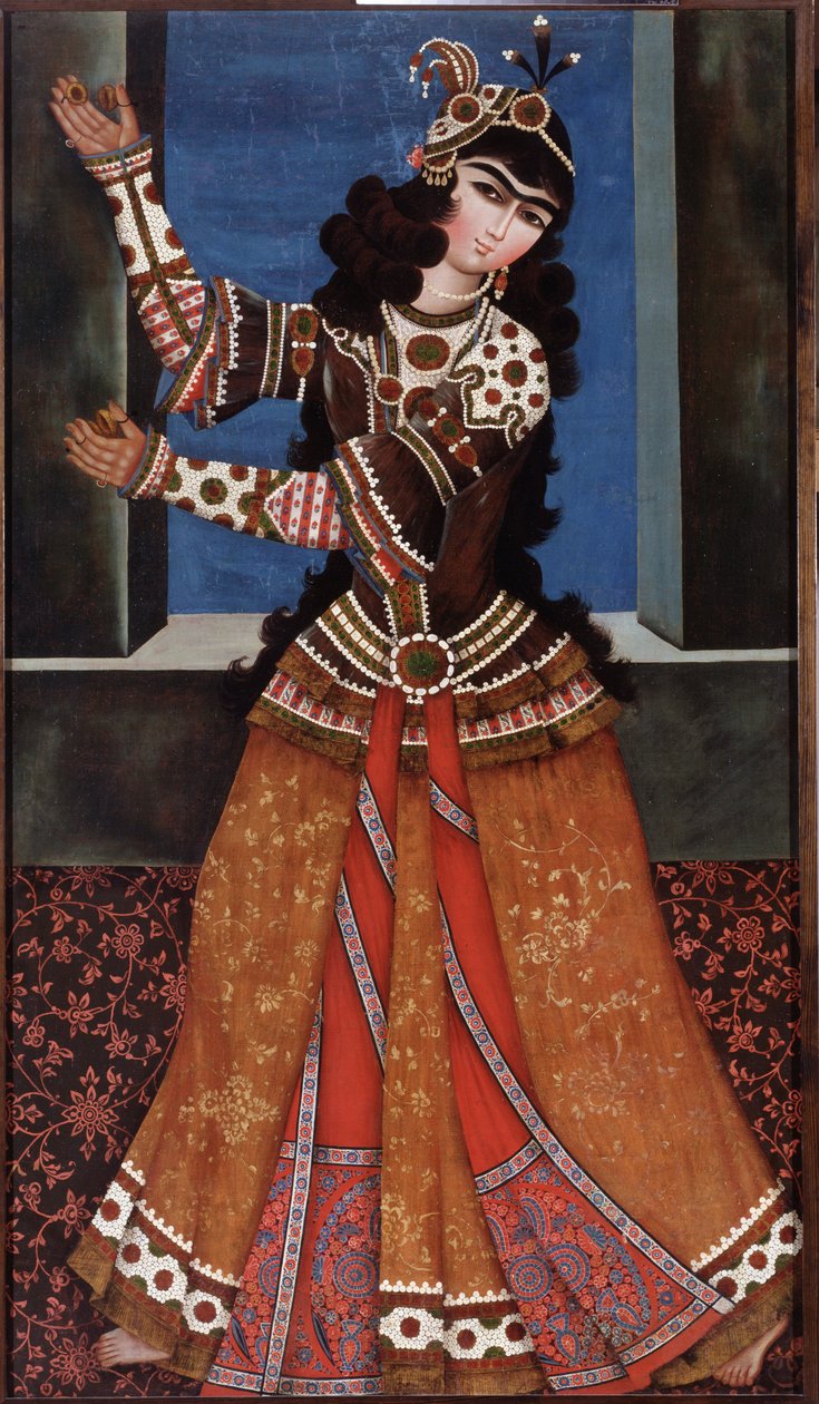 Tanečnice s kastaněty - Obraz íránského mistra, olej na plátně (158x90 cm), počátek 19. století - Tančící dívka s kastaněty, Olej na plátně íránského mistra, počátek 19. století - Státní Ermitáž, Petrohrad od Iranian School