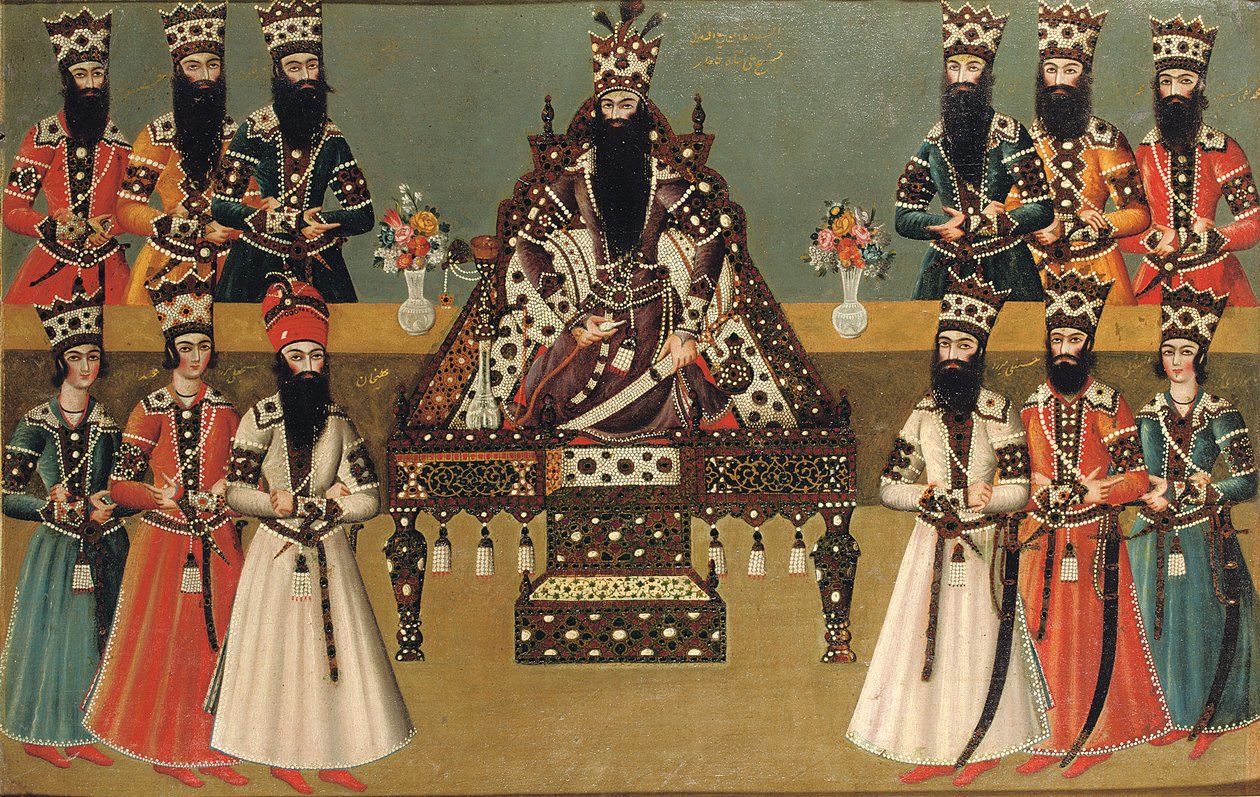 Fath „Ali Shah a jeho bezprostřední dvořané, kolem roku 1815 od Iranian School