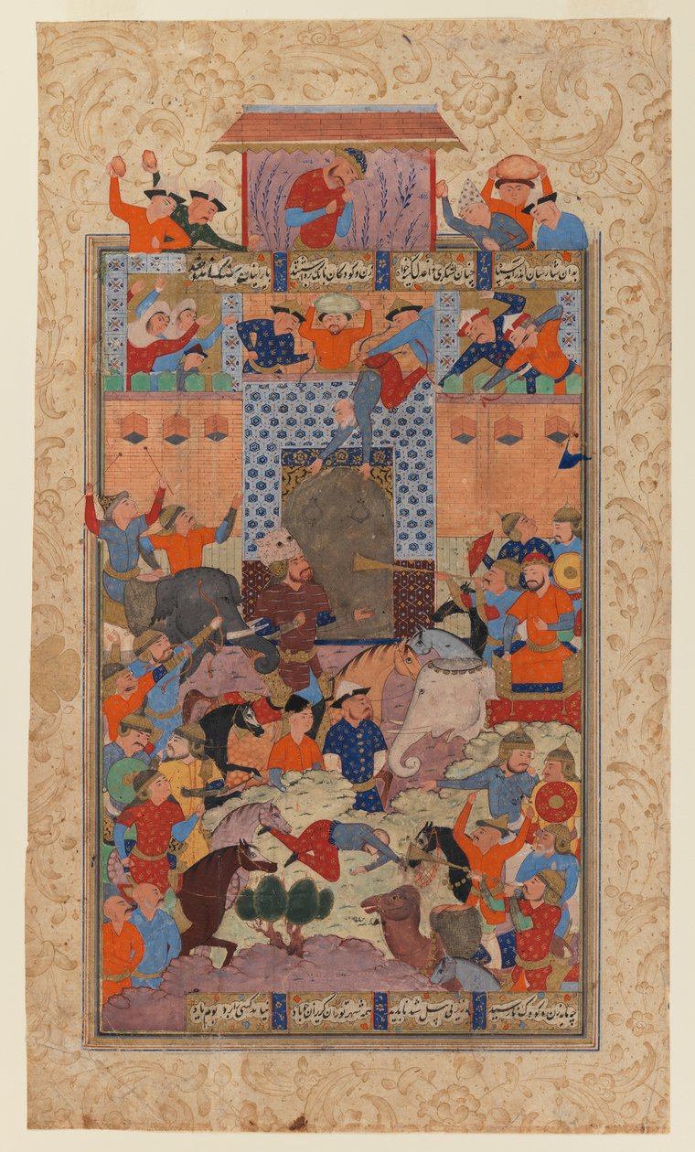Folio from a Shahnameh: The Iranians Capture Afrasiyabs Fortress, c.1580-1590 (inkoust & neprůhledné wc na papíře) od Iranian School