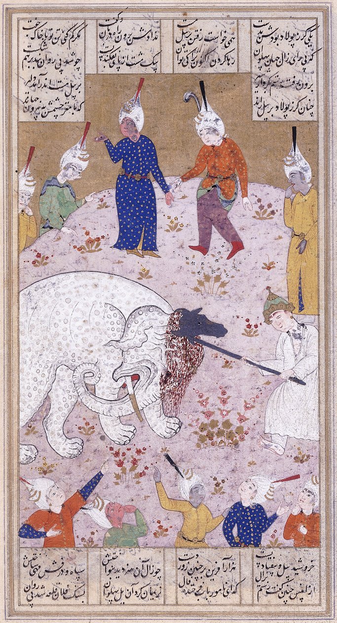 Mladý Rustem zabíjející bílého slona, kolem roku 1545 od Iranian School