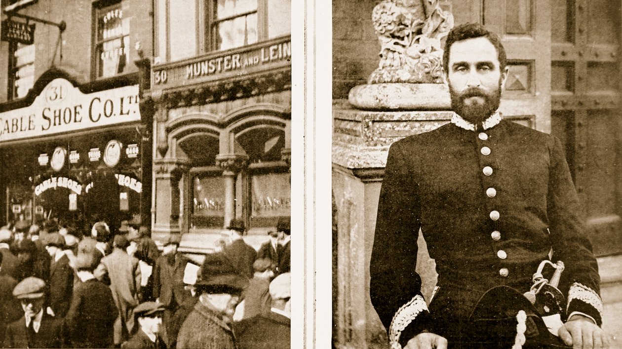 Vyrabováno dublinskou mafií: Boot-shop v Sackville Street a podněcovatel irského povstání s německou pomocí: Sir Roger Casement, z The Illustrated War News, 1916 od Irish Photographer