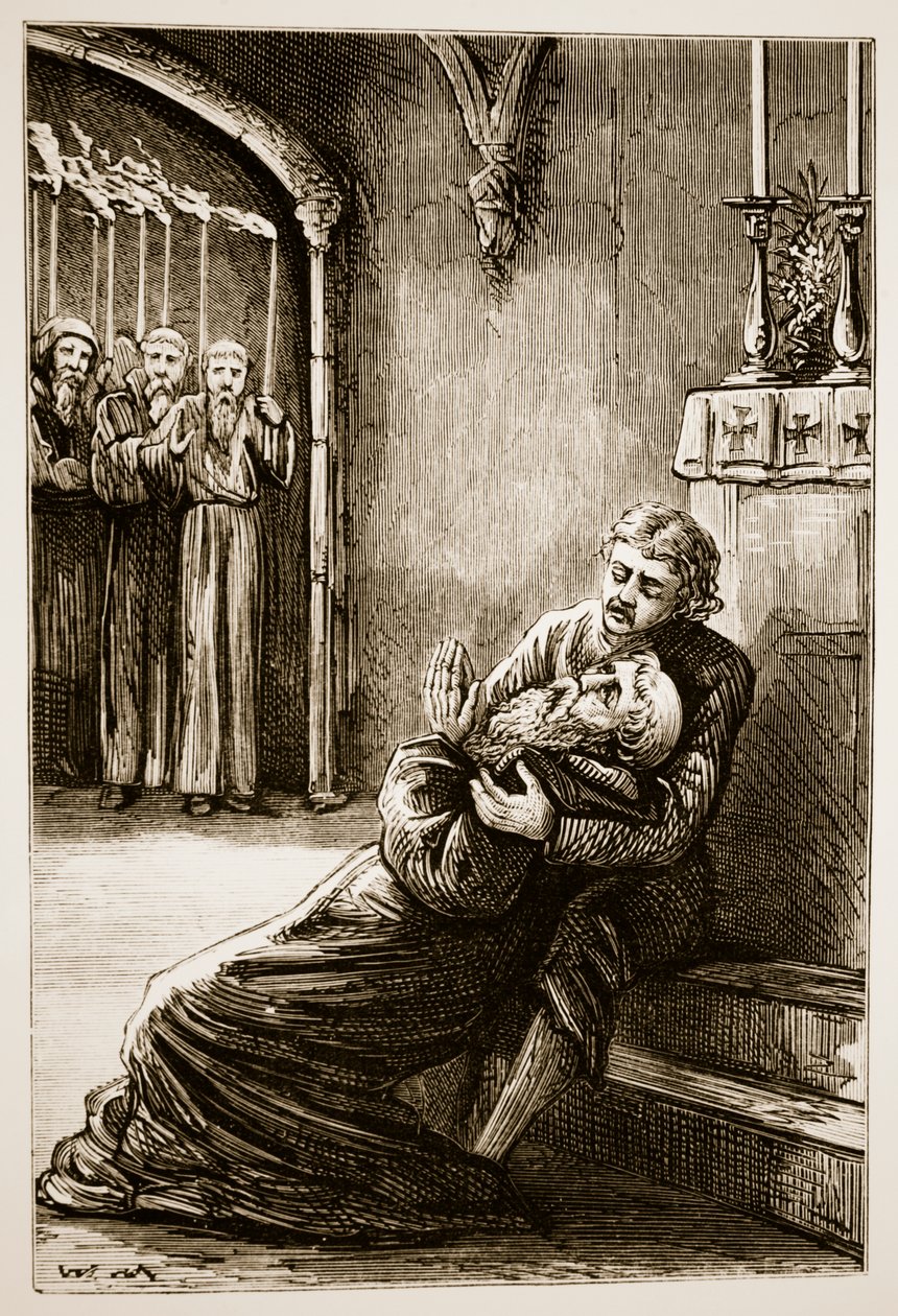Smrt sv. Columby z Trias Thaumaturga neboli tří zázračných světců Irska od Mary Cusack (1829-99) publikovaná kolem 90. let 19. století od Irish School