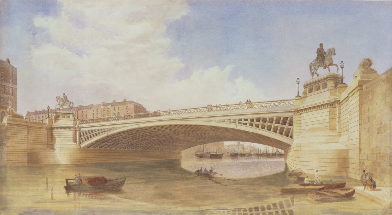 Design pro Carlisle Bridge, nyní OConnell Bridge, Dublin, připisovaný kanceláři pánů Turnera a Page (wc) od Irish School