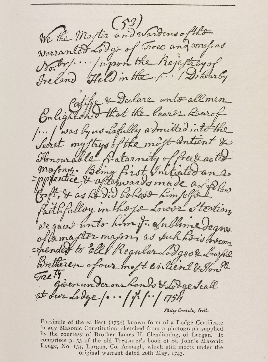 Nejstarší známý certifikát (irský) s pečetí z Grand Lodge, 1762 od Irish School