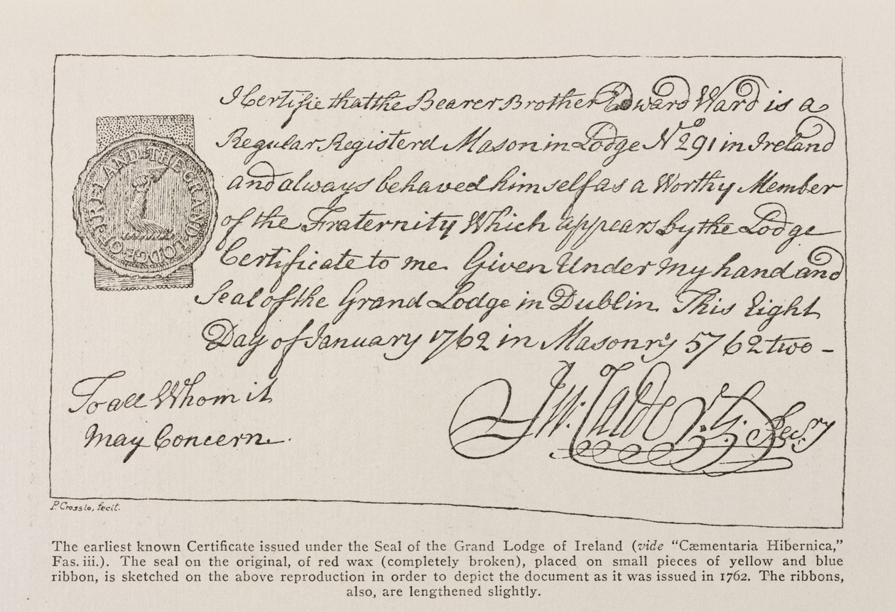 Faksimile nejstaršího známého certifikátu vydaného pod pečetí Velké lóže Irska z roku 1762 od Irish School