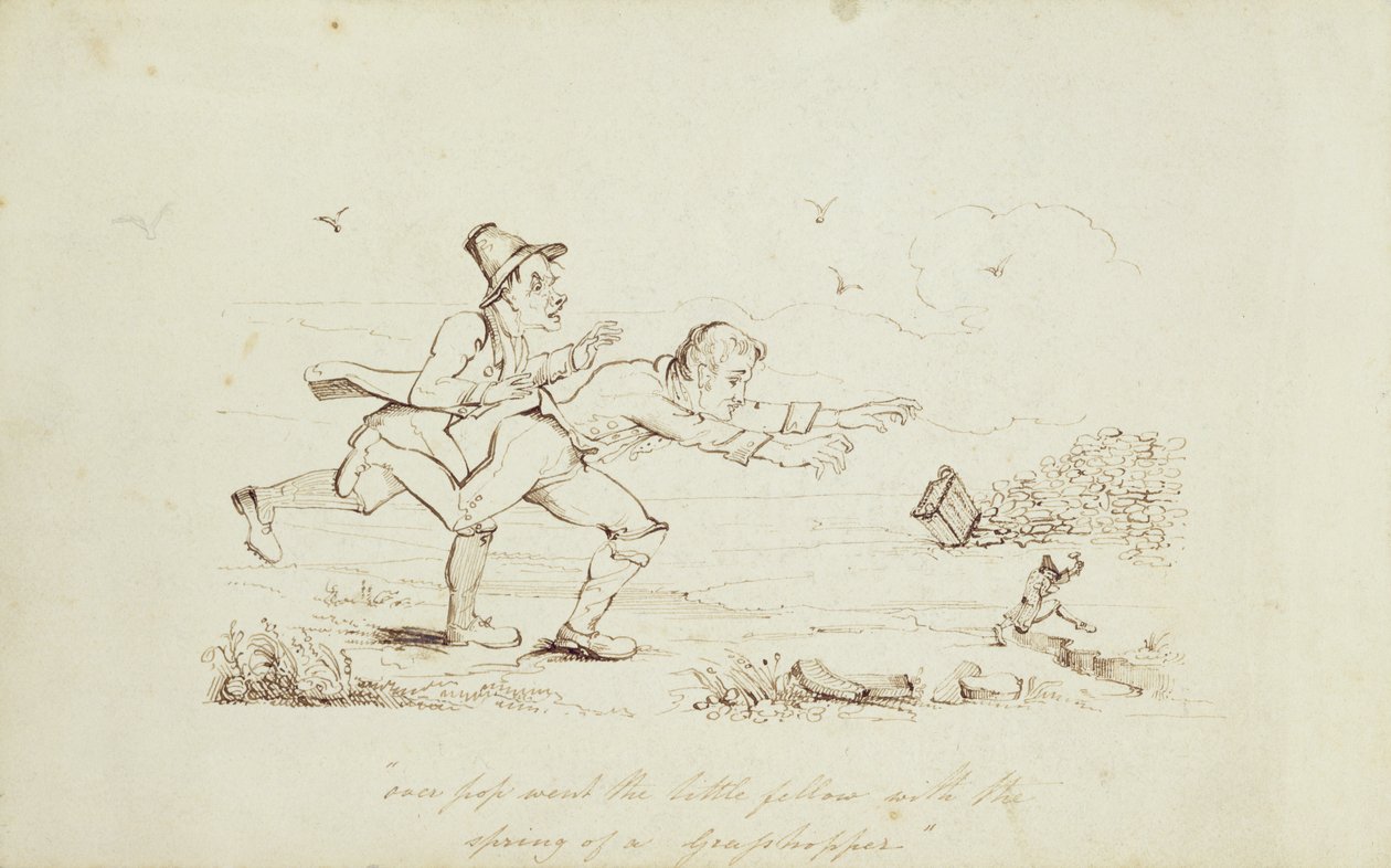 Over Pop Went the Little Fellow with Spring of a Grasshopper, knižní ilustrace zobrazující Dva Irové honí skřítka, 19. století (pero a inkoust na papíře) od Irish School