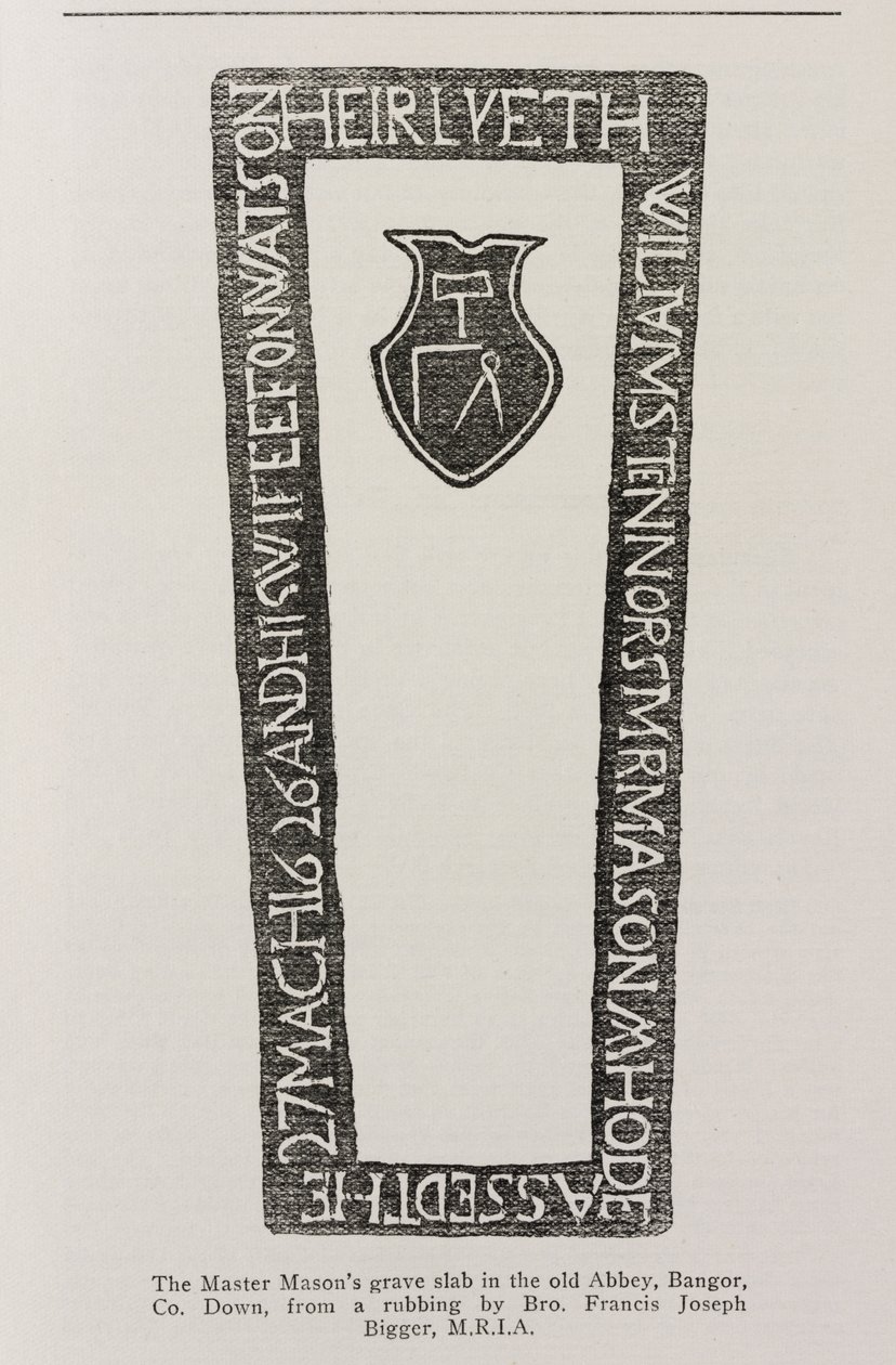 Otisk z náhrobní desky zednářského mistra ve starém opatství v Bangoru, Co. Down, datováno 1626 od Irish School
