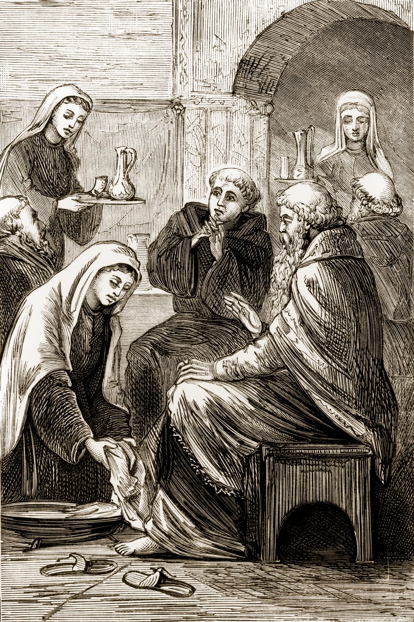 Svatá Brigit baví biskupa, z Trias Thaumaturga, neboli Tři zázrační svatí Irska, od Mary Cusack (1829-99), vydáno kolem 90. let 19. století od Irish School