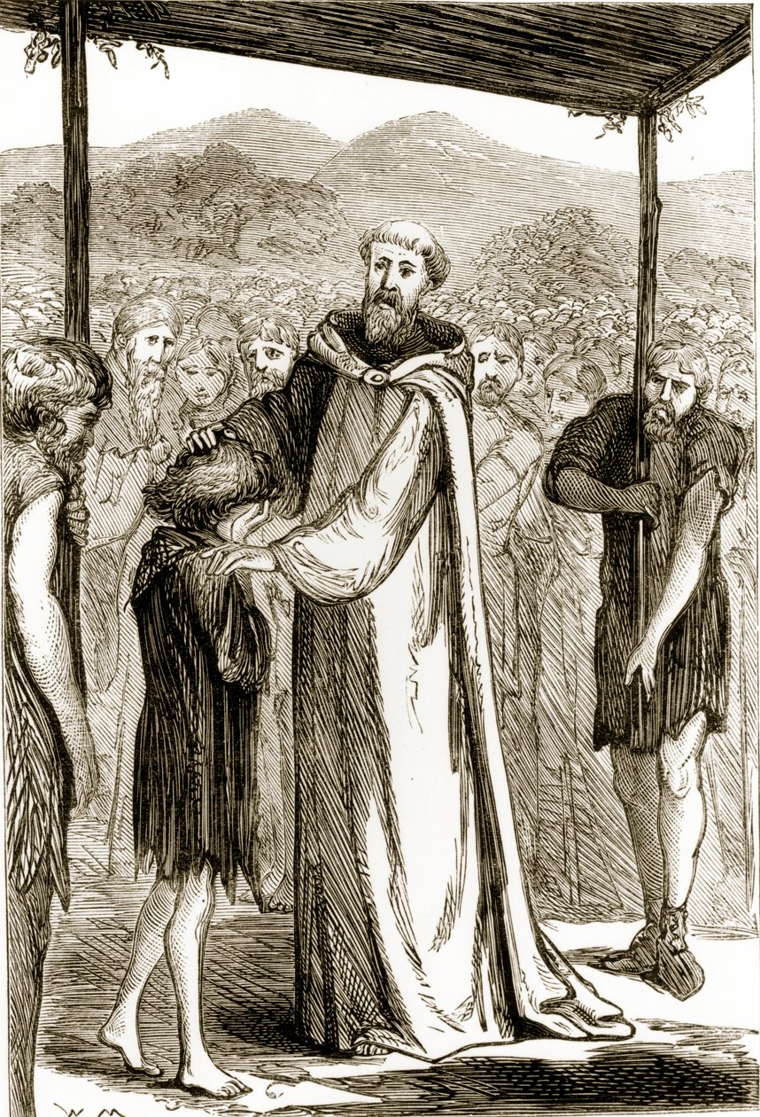 St. Columba žehná divokému chlapci, z knihy Trias Thaumaturga neboli Tři zázrační svatí Irska od Mary Cusack (1829-99), vydaná kolem 90. let 19. století od Irish School