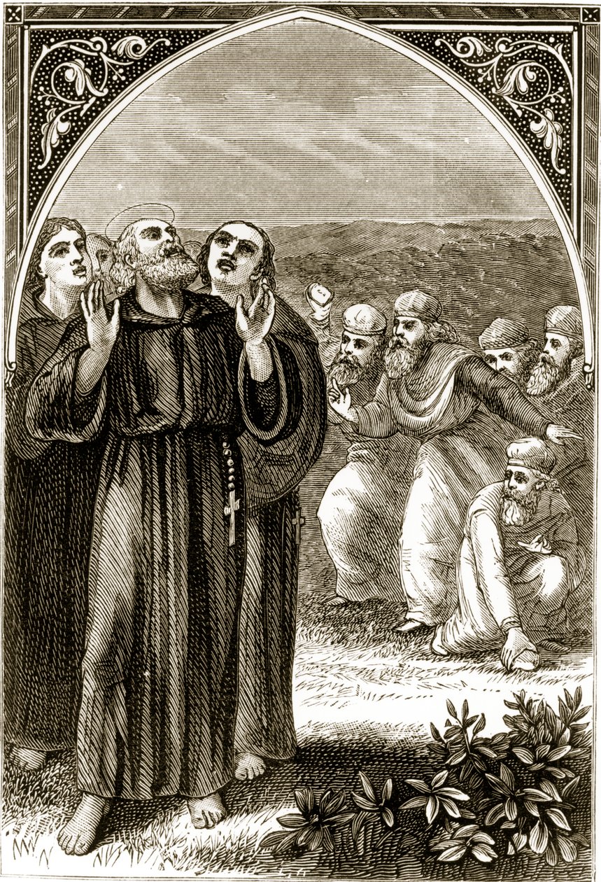 St. Columba zpívá a je napaden druidy z knihy Trias Thaumaturga neboli Tři zázrační svatí Irska od Mary Cusack (1829-99) publikovaná kolem 90. let 19. století od Irish School