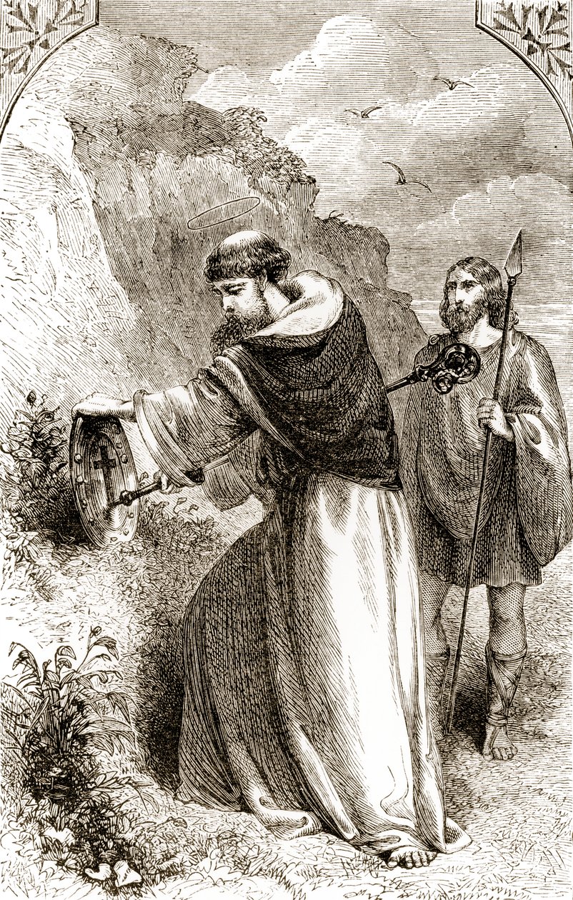 Svatý Patrik označuje Connalsův štít s křížem, z knihy The Trias Thuamaturga, or Three Wonder-Working Saints of Ireland, kterou napsala Mary Cusacková (1829-99), vydané kolem roku 1890. od Irish School
