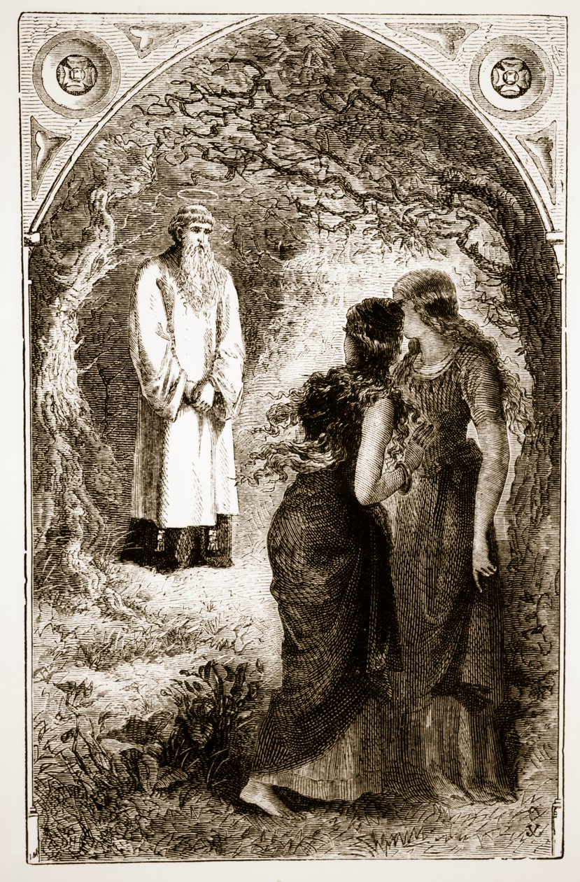 Svatý Patrik se setkal s pannami v lese Fochlut, z knihy Trias Thaumaturga neboli Tři zázrační svatí z Irska, od Mary Cusack (1829-99), vydáno kolem 90. let 19. století od Irish School