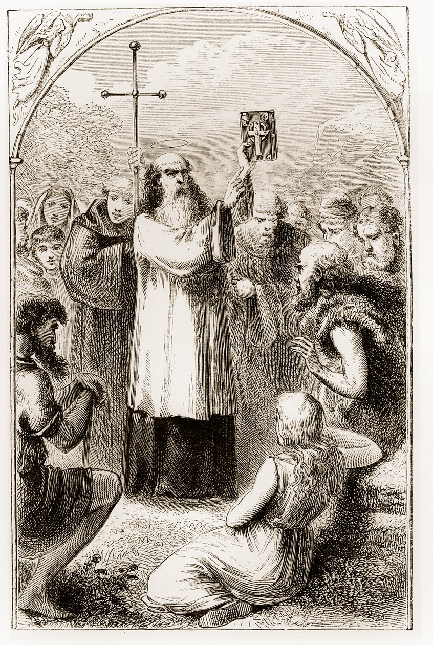 St. Patrick ukazuje lidu Irska Čtyři evangelia z knihy Trias Thaumaturga neboli Tři zázrační svatí Irska od Mary Cusack (1829-99) publikovaná kolem 90. let 19. století od Irish School