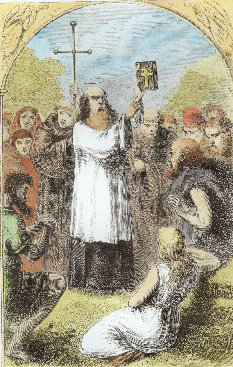 St. Patrick ukazuje lidu Irska Čtyři evangelia, z Trias Thaumaturga, neboli Tři zázrační svatí Irska, od Mary Cusack (1829-99), vydáno kolem 90. let 19. století (pozdější kolorování od Irish School