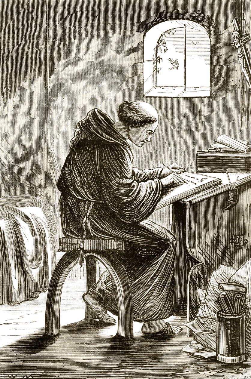 Svatý Vincent píše ve své cele ve Ferins z knihy Trias Thaumaturga neboli Tři zázrační svatí z Irska od Mary Cusack (1829-99) vydané kolem 90. let 19. století od Irish School