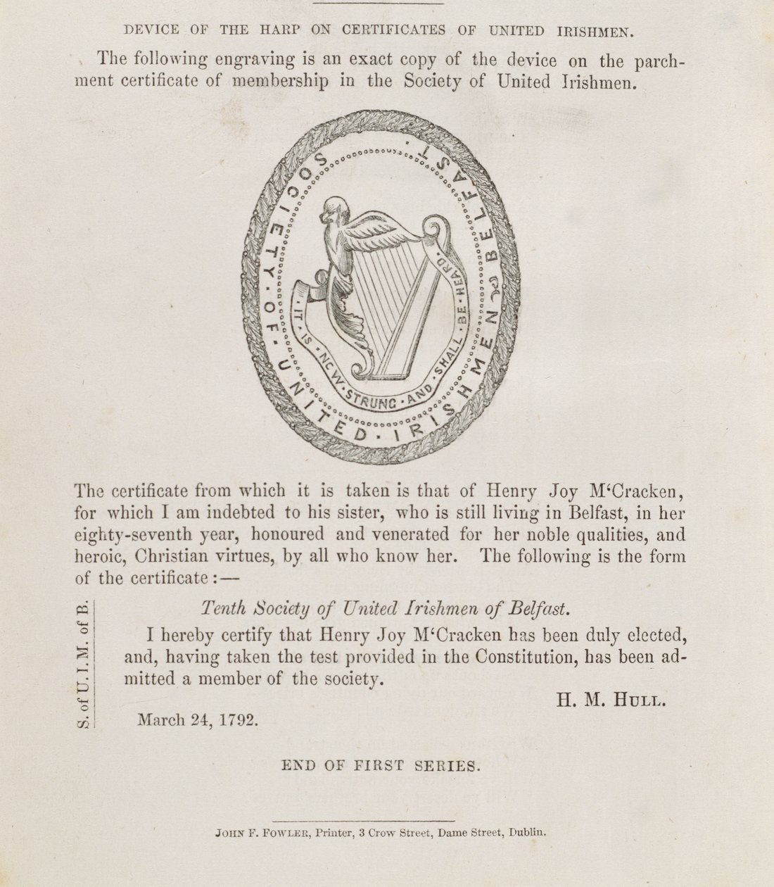 Pečeť Společnosti sjednocených Irů v Belfastu, asi 1792 (rytina) od Irish School