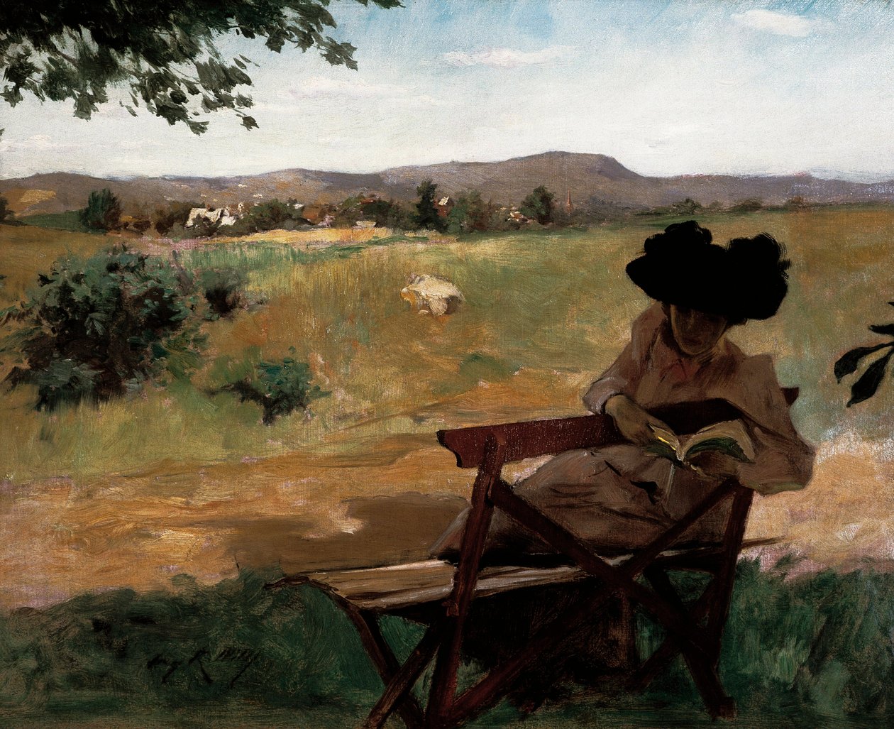 Žena sedí na lavičce čtení od Irving Ramsay Wiles