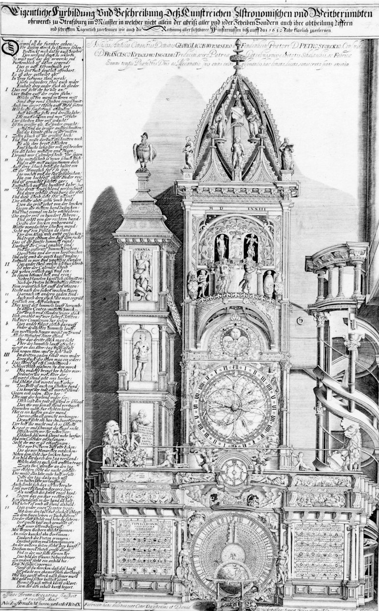 Orloj ve štrasburské katedrále, 1621 (rytina a knihtisk) od Franz Isaac Brun
