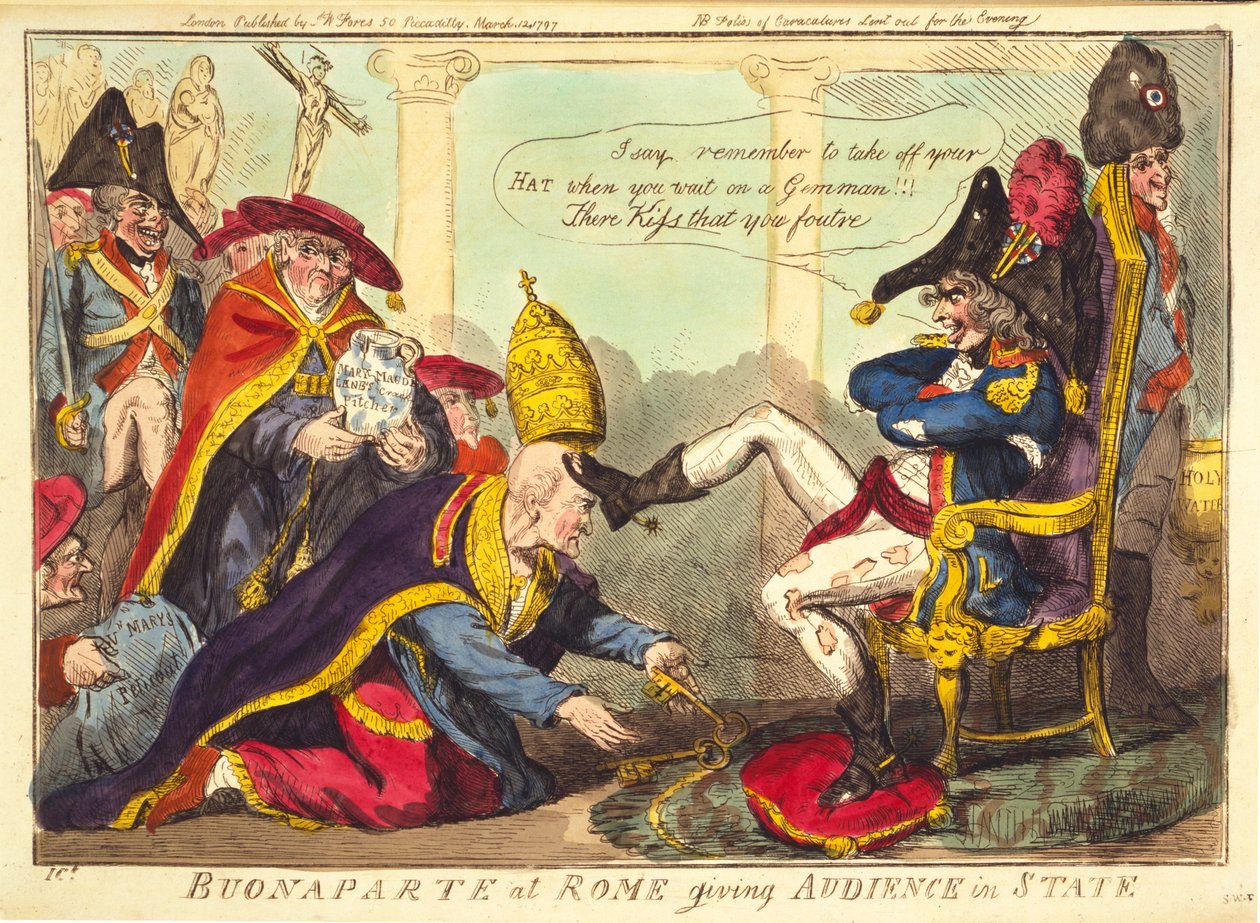 Buonaparte v Římě dává audienci ve státě, hospoda. 1797 (ručně kolorovaná rytina) od Isaac Cruikshank