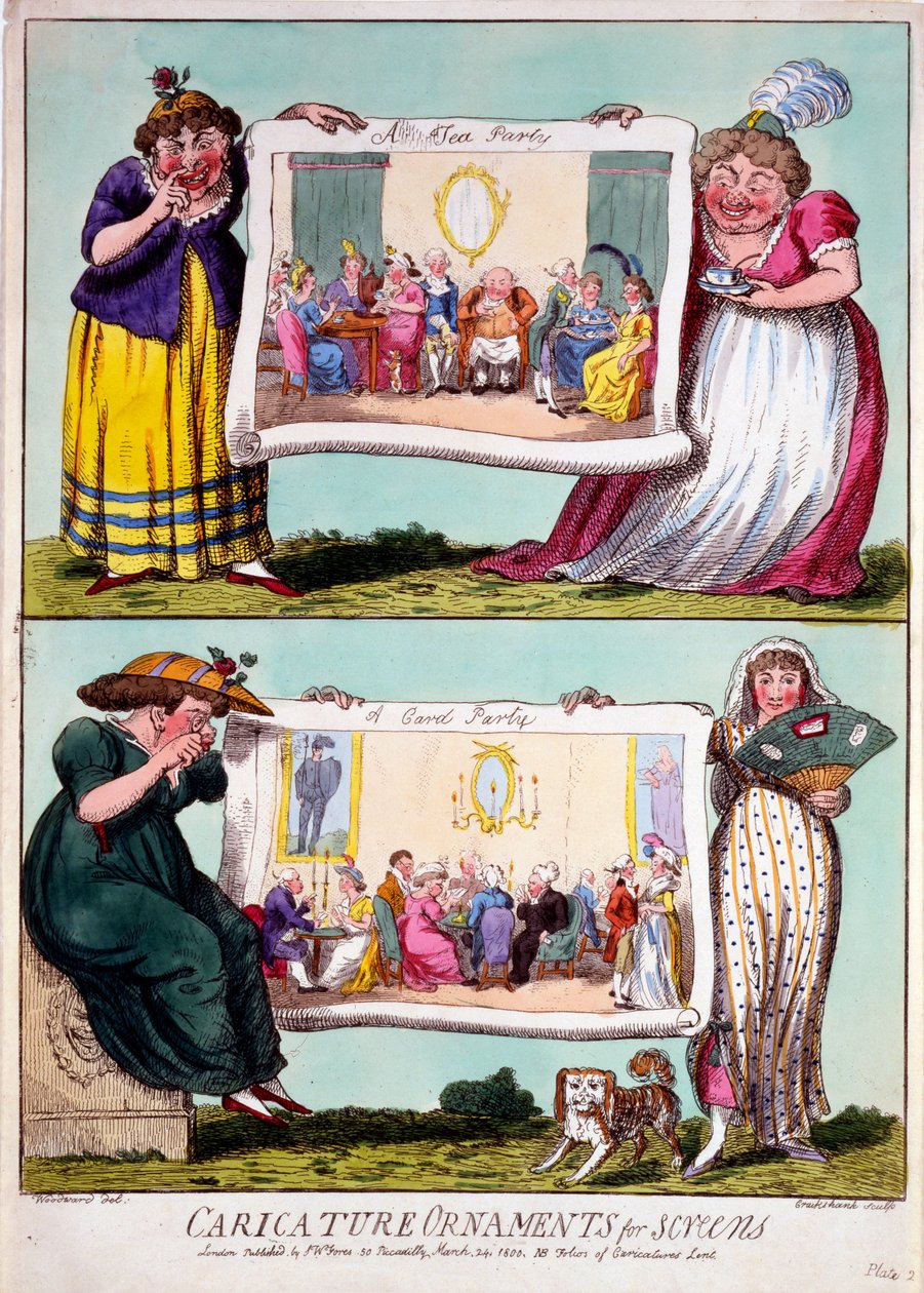 Karikaturní ozdoby na obrazovky, 1800 (ručně kolorovaná rytina) od Isaac Cruikshank