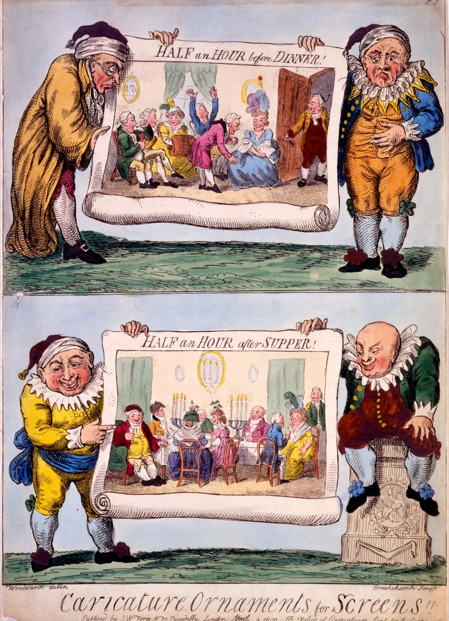 Karikaturní ozdoby na obrazovky, 1800 (ručně kolorovaná rytina) od Isaac Cruikshank