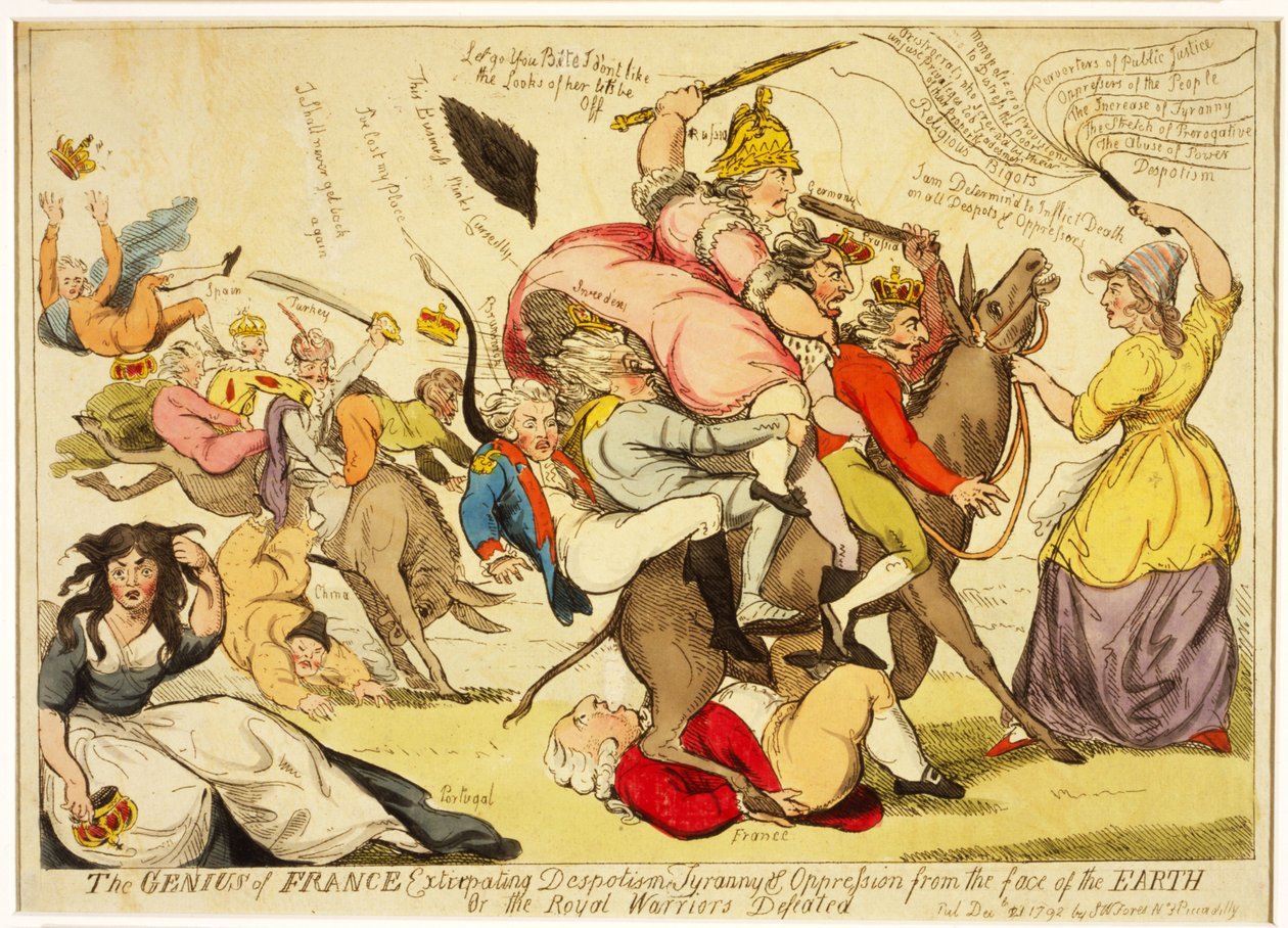 Génius Francie vykořisťující despotismus, tyranii a útlak z tváře Země aneb poražení královští válečníci, hospoda. 1792 (ručně kolorovaný lept) od Isaac Cruikshank