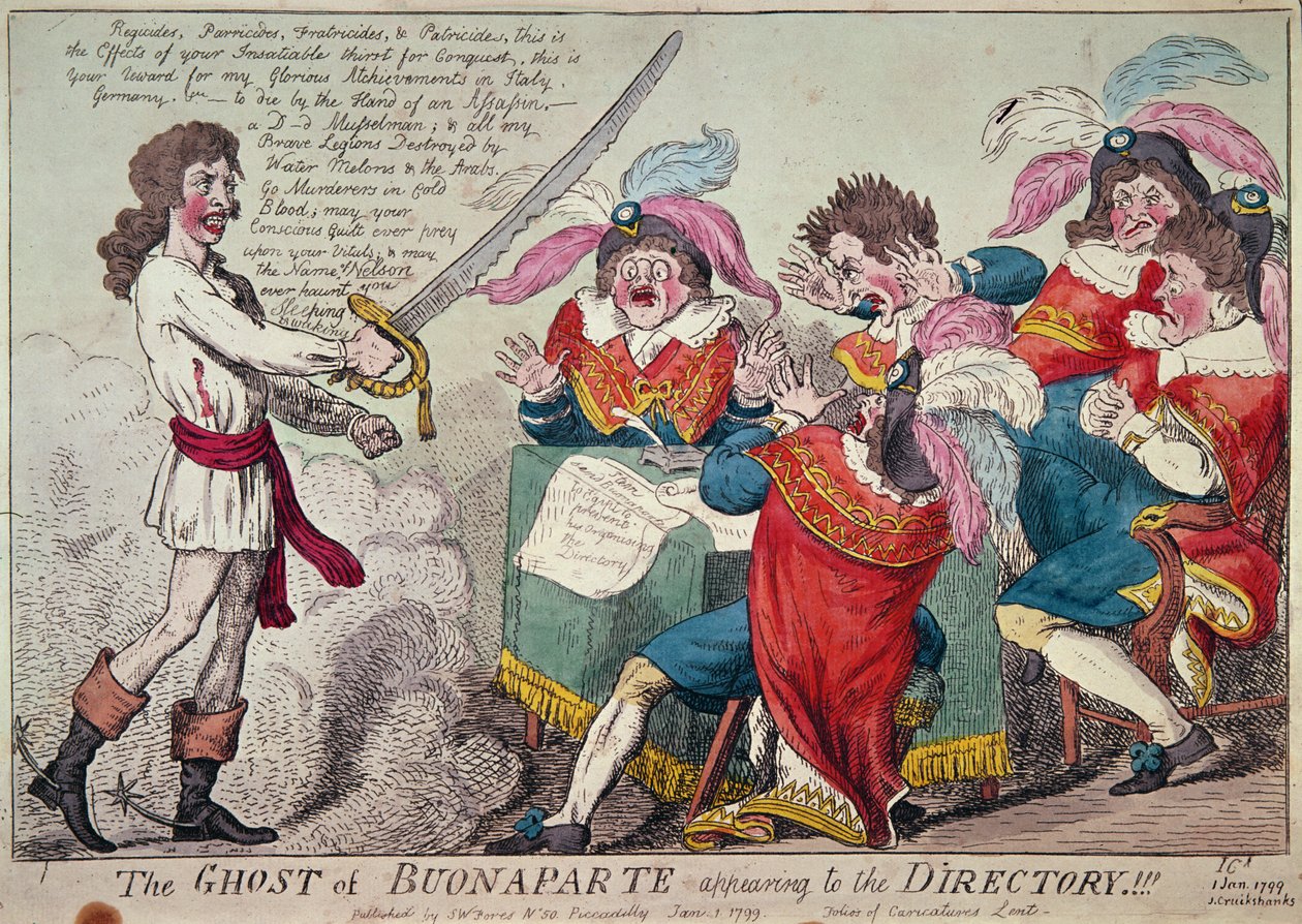 The Ghost of Buonaparte zjevuje se Directory!!!, Londýn, 1799 (barevný lept) od Isaac Cruikshank
