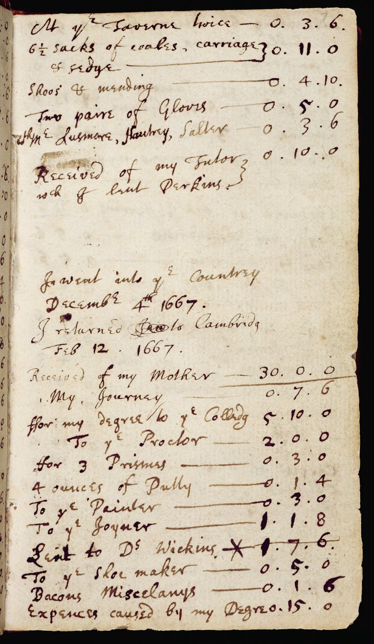Ms 1-1936 f.7r Page z poznámkového bloku obsahujícího Newtonovy myšlenky o optice a jeho domácích účtech, c.1665-68 (inkoust na papíře) od Isaac Newton