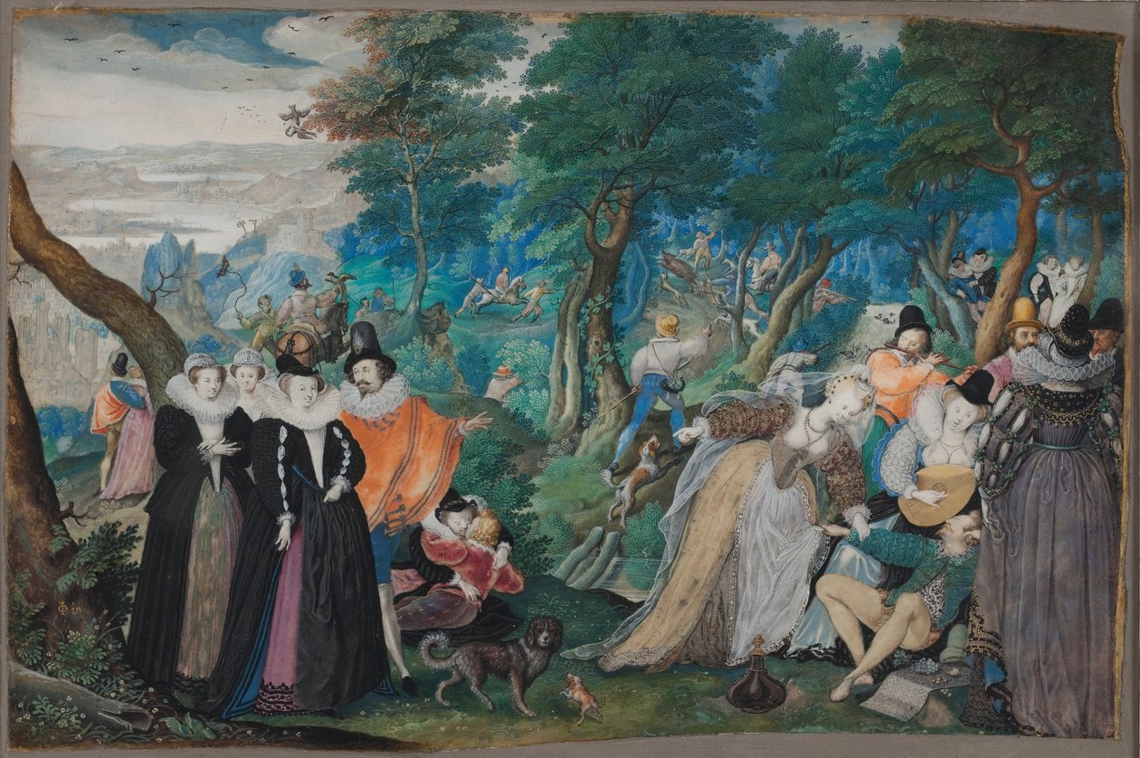 Párty pod širým nebem. Alegorie o manželské lásce, c. 1590-1595 (kvaš a vodová barva na pergamenu nalepené na kartě) od Isaac Oliver