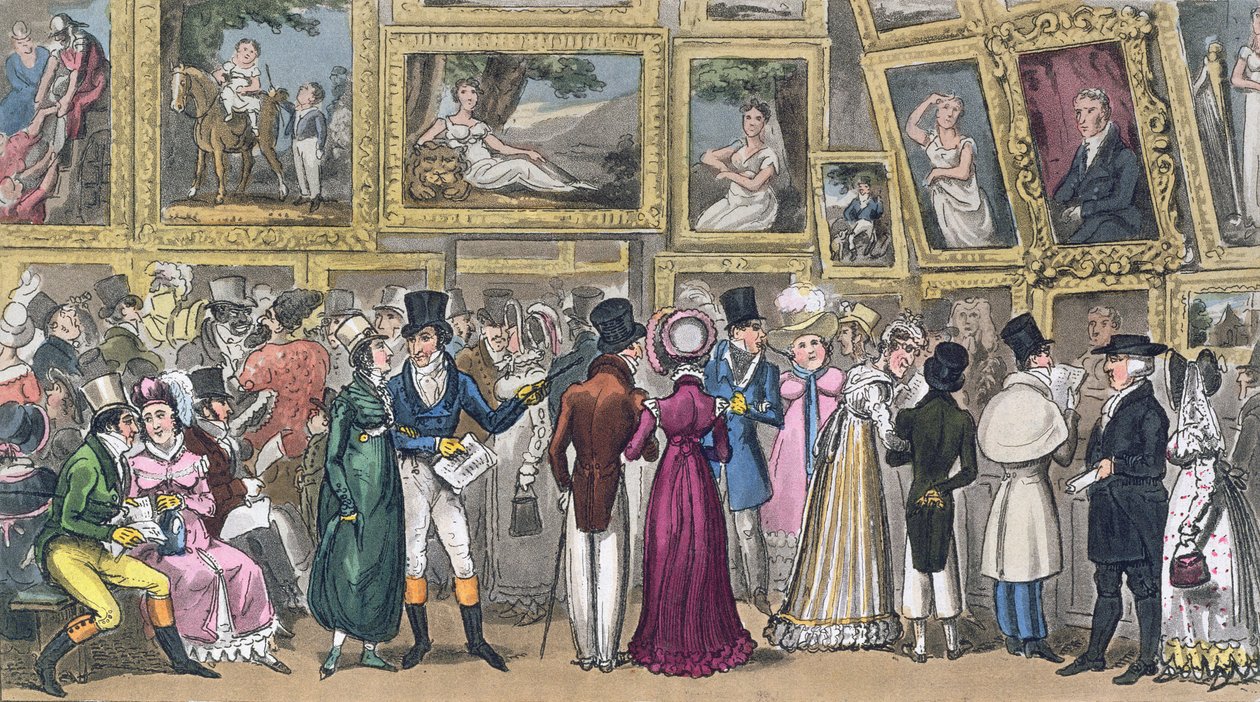 A Shilling Well Laid Out: Tom a Jerry na výstavě obrázků v Královské akademii, z filmu „Life in London“ od Pierce Egana, 1821 (barevná akvatinta) od Isaac, Robert and George Cruikshank