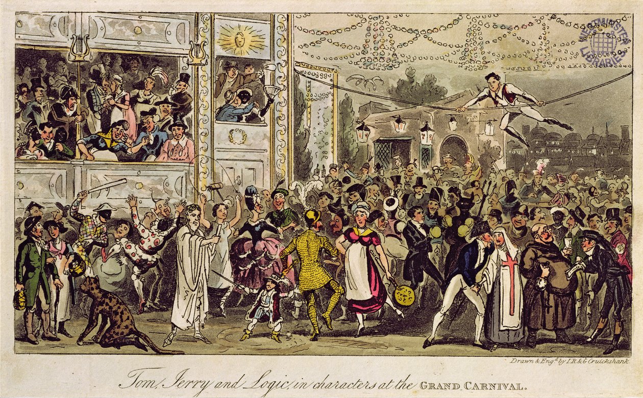 Tom, Jerry a Logic v Postavách na Velkém karnevalu, z „Life in London“ od Pierce Egana, 1821 (barevná akvatinta) od Isaac, Robert and George Cruikshank