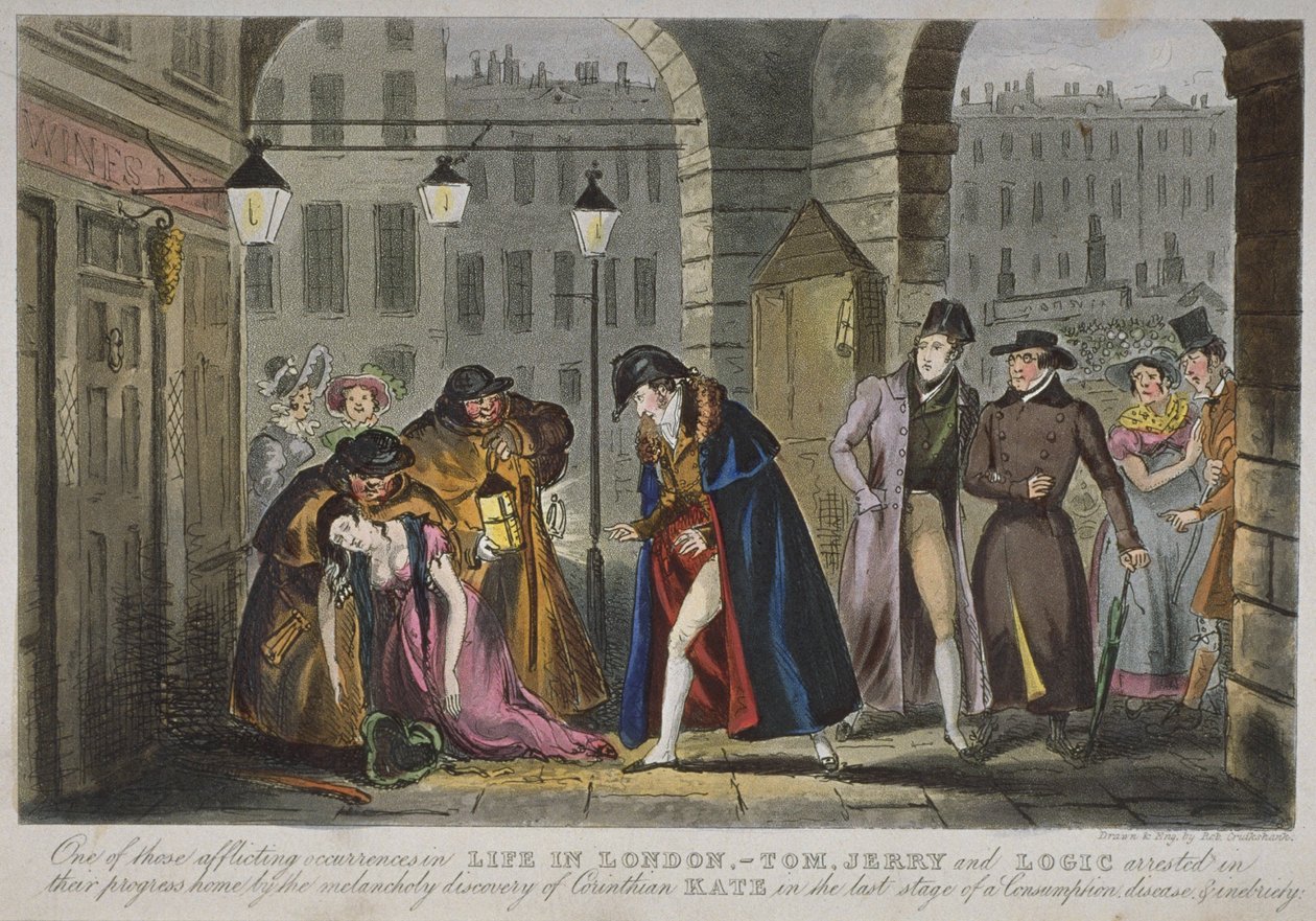 Scéna pod náměstími Covent Garden, 1830 (ručně kolorovaná akvatinta) od Isaac Robert Cruikshank