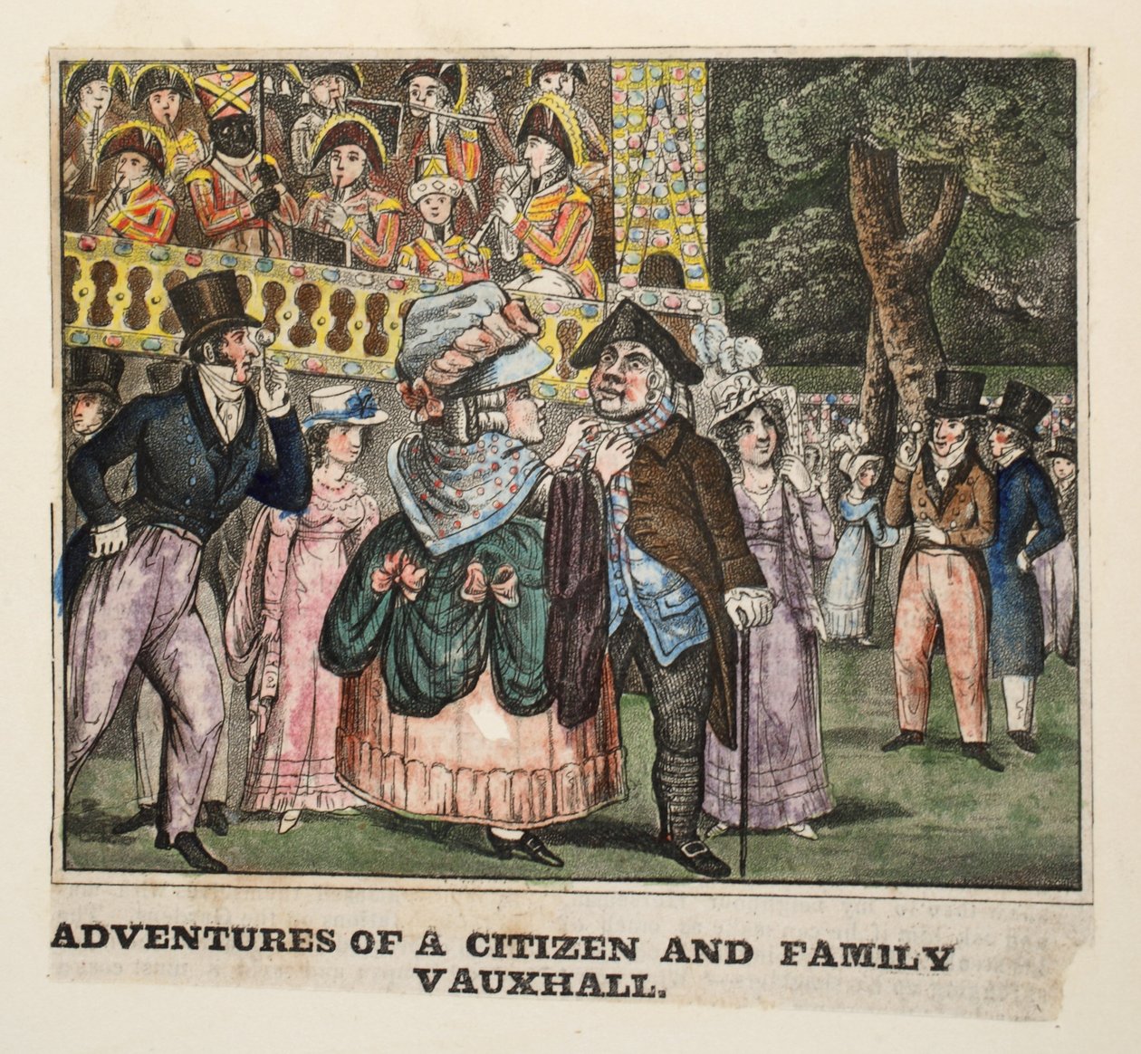 Dobrodružství občana a rodiny Vauxhall, 1826 (ručně kolorovaná rytina) od Isaac Robert Cruikshank