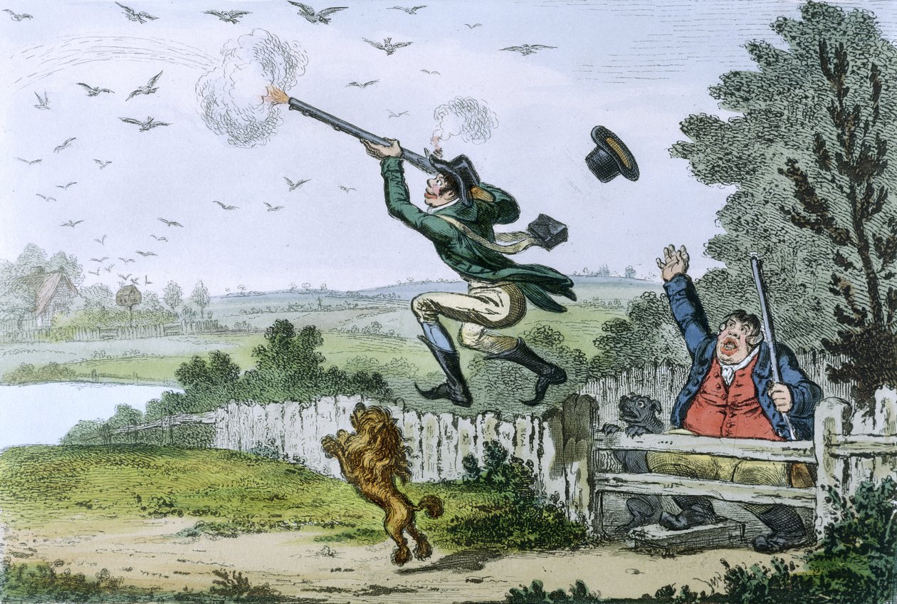 Cockney Sportsmen: Shooting Flying, vyryl James Gillray (1757-1815) 1800 (ručně kolorovaný lept) od Isaac Robert Cruikshank