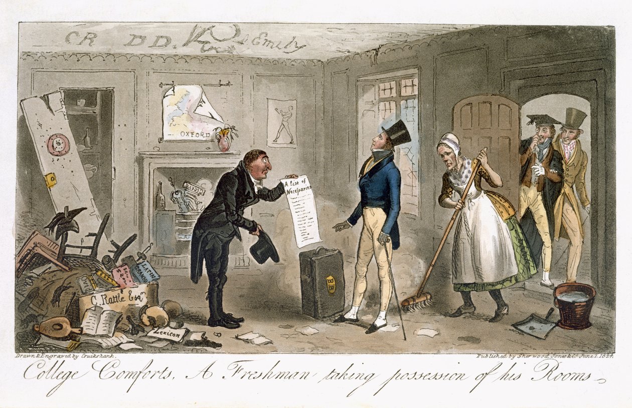 College Comforts, A Freshman taking possession of his Rooms, z knihy "The English Spy", kterou napsal Charles Molloy Westmacott (1788-1868), vydáno v Londýně, 1825. od Isaac Robert Cruikshank