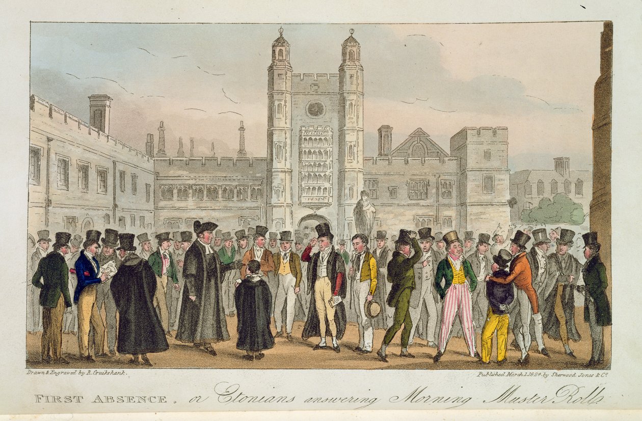 První nepřítomnost aneb Etonians Answering Morning Master Roll, z knihy "The English Spy" vydané v roce 1824 od Isaac Robert Cruikshank