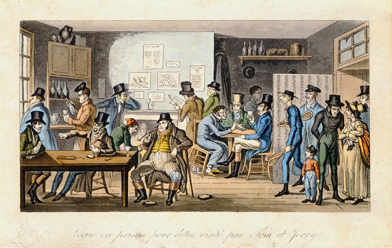 Logika ve vězení pro dlužníky, kterou navštěvují Tom a Jerry, z filmu „Life in London“ od Pierce Egana, 1821-22 (barevná akvatinta) od Isaac Robert Cruikshank