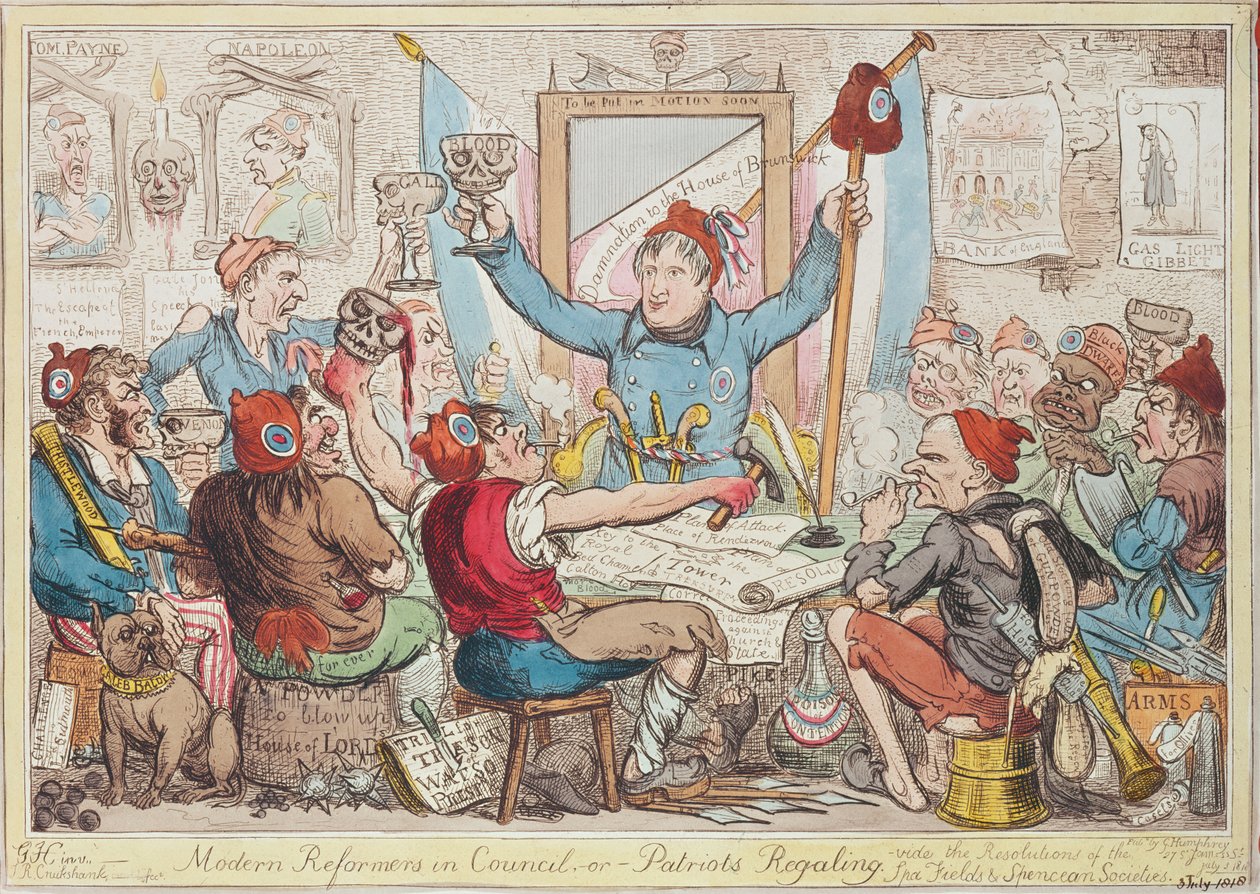 Moderní reformátoři v radě - nebo - Patriots Regaling, 1818 (barevný lept) od Isaac Robert Cruikshank